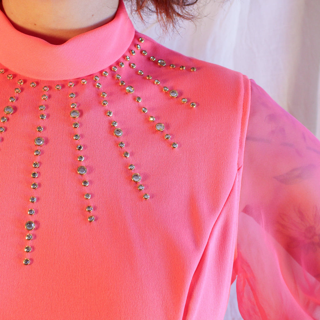 70s hot pink jeweled chiffon sleeve maxi dress by neusters, image 3