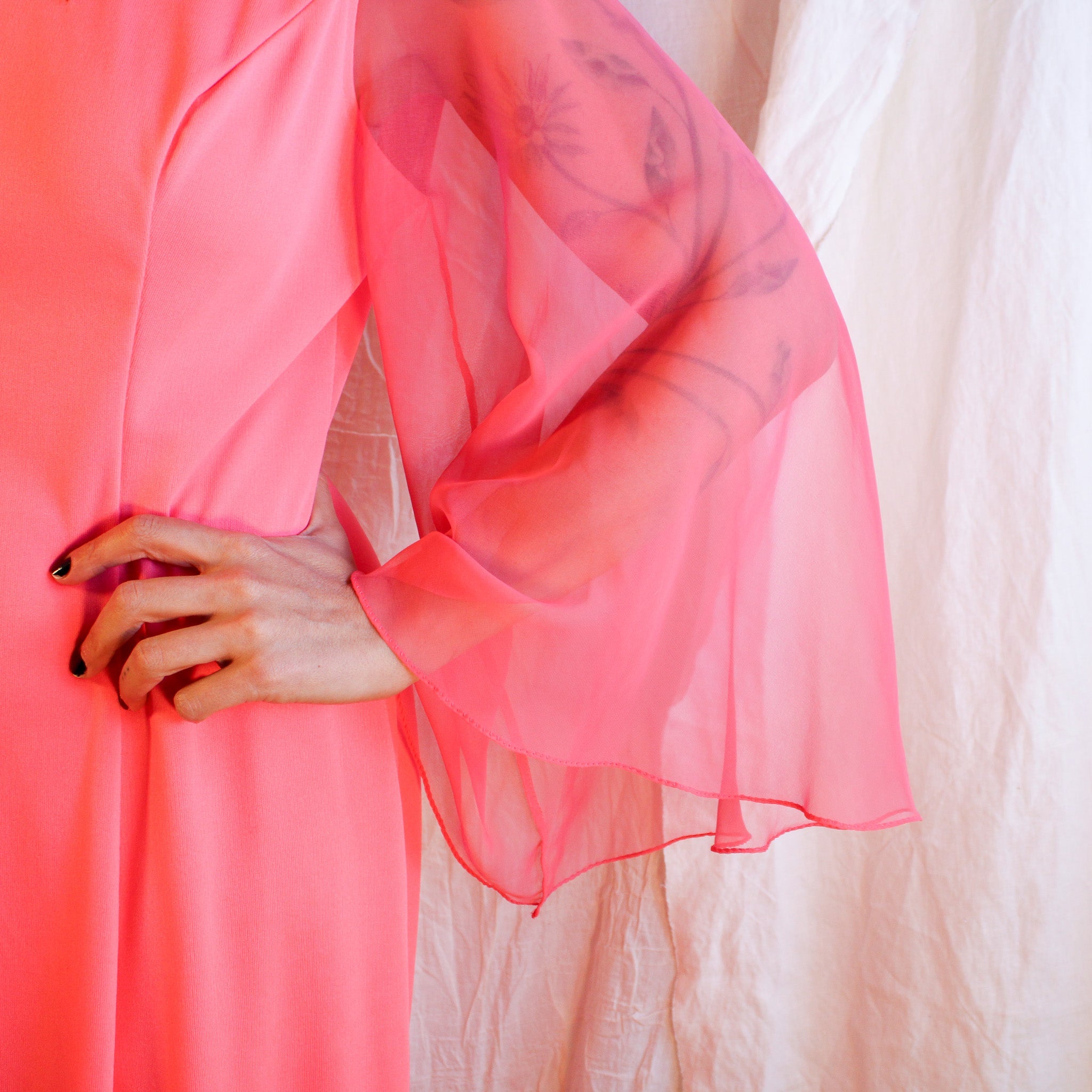 70s hot pink jeweled chiffon sleeve maxi dress by neusters, image 4