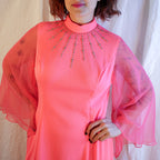 70s hot pink jeweled chiffon sleeve maxi dress by neusters, image 5