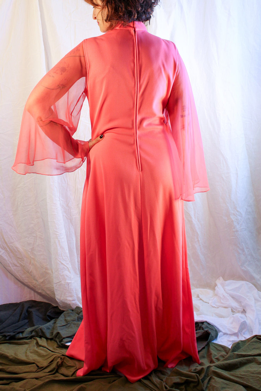 70s hot pink jeweled chiffon sleeve maxi dress by neusters, image 6