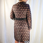 1960s brown lace overlay cocktail dress with pink lining and satin sash
