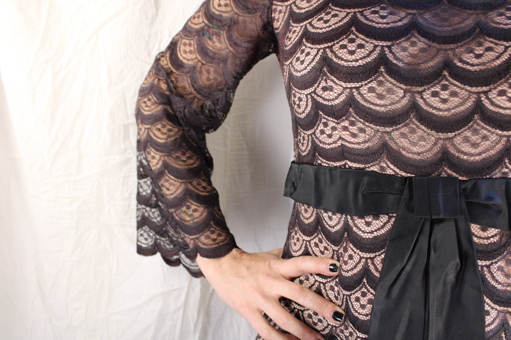 1960s brown lace overlay cocktail dress with pink lining and satin sash