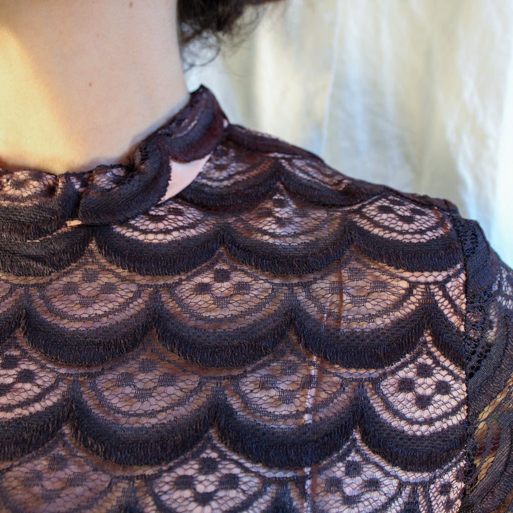 1960s brown lace overlay cocktail dress with pink lining and satin sash