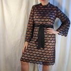 1960s brown lace overlay cocktail dress with pink lining and satin sash