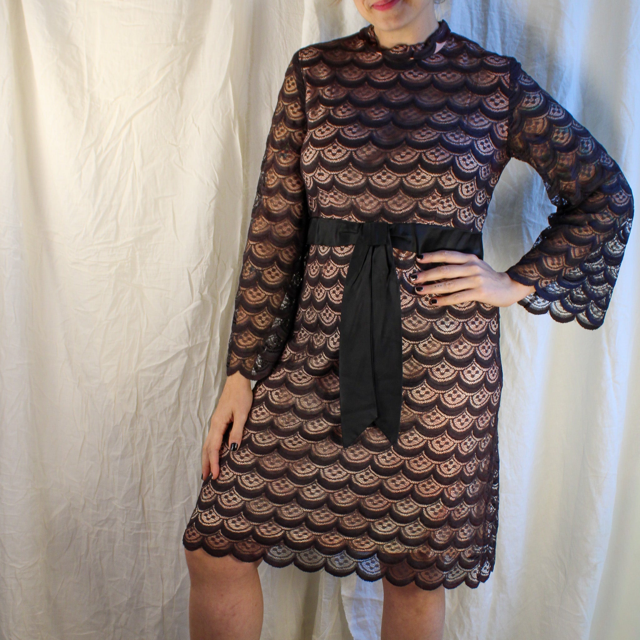 1960s brown lace overlay cocktail dress with pink lining and satin sash