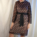 1960s brown lace overlay cocktail dress with pink lining and satin sash