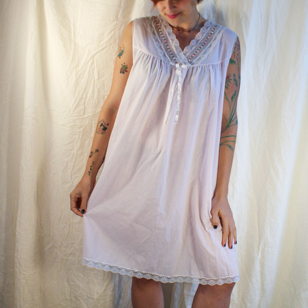 Pink rosebud-trim sleeveless nightgown