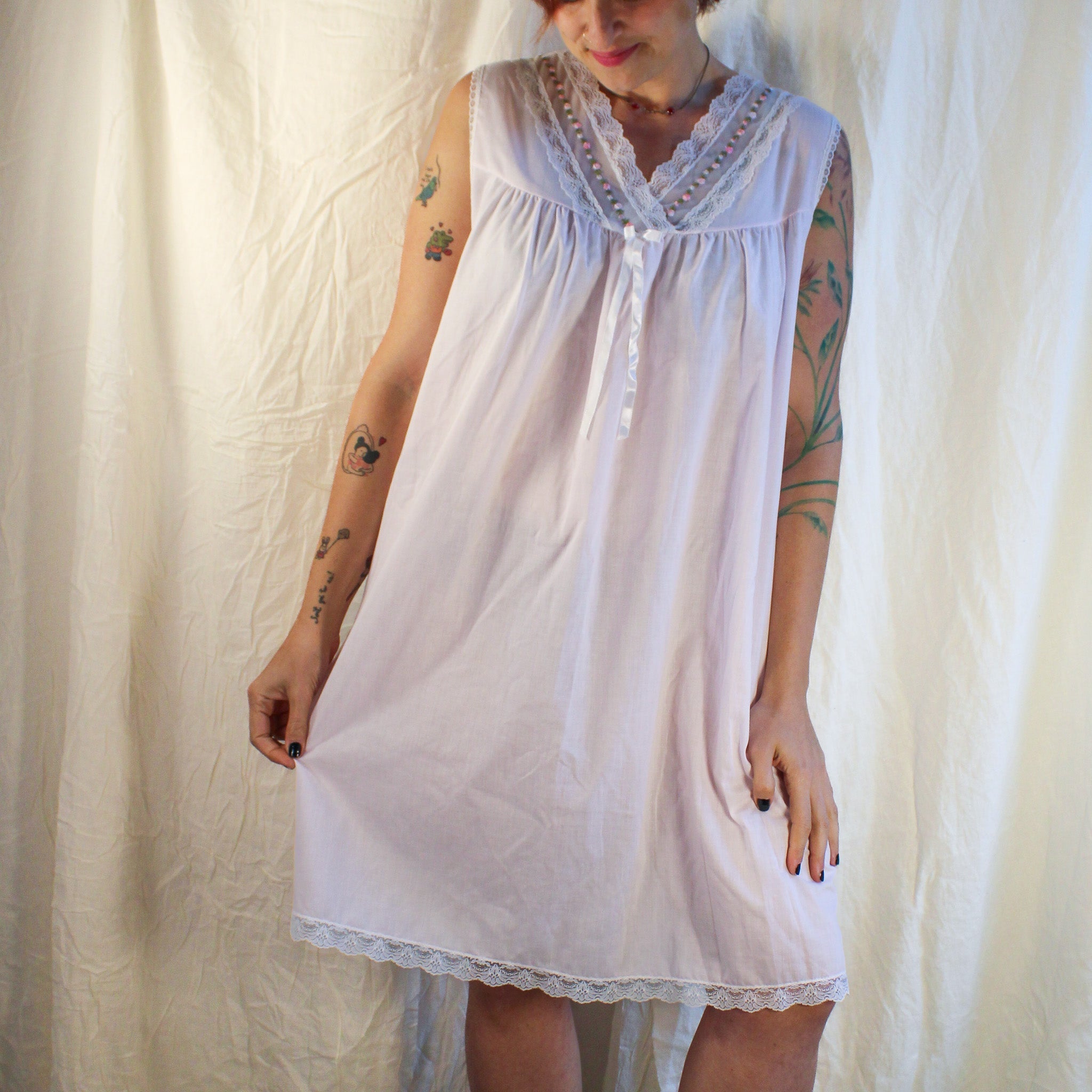 Pink rosebud-trim sleeveless nightgown