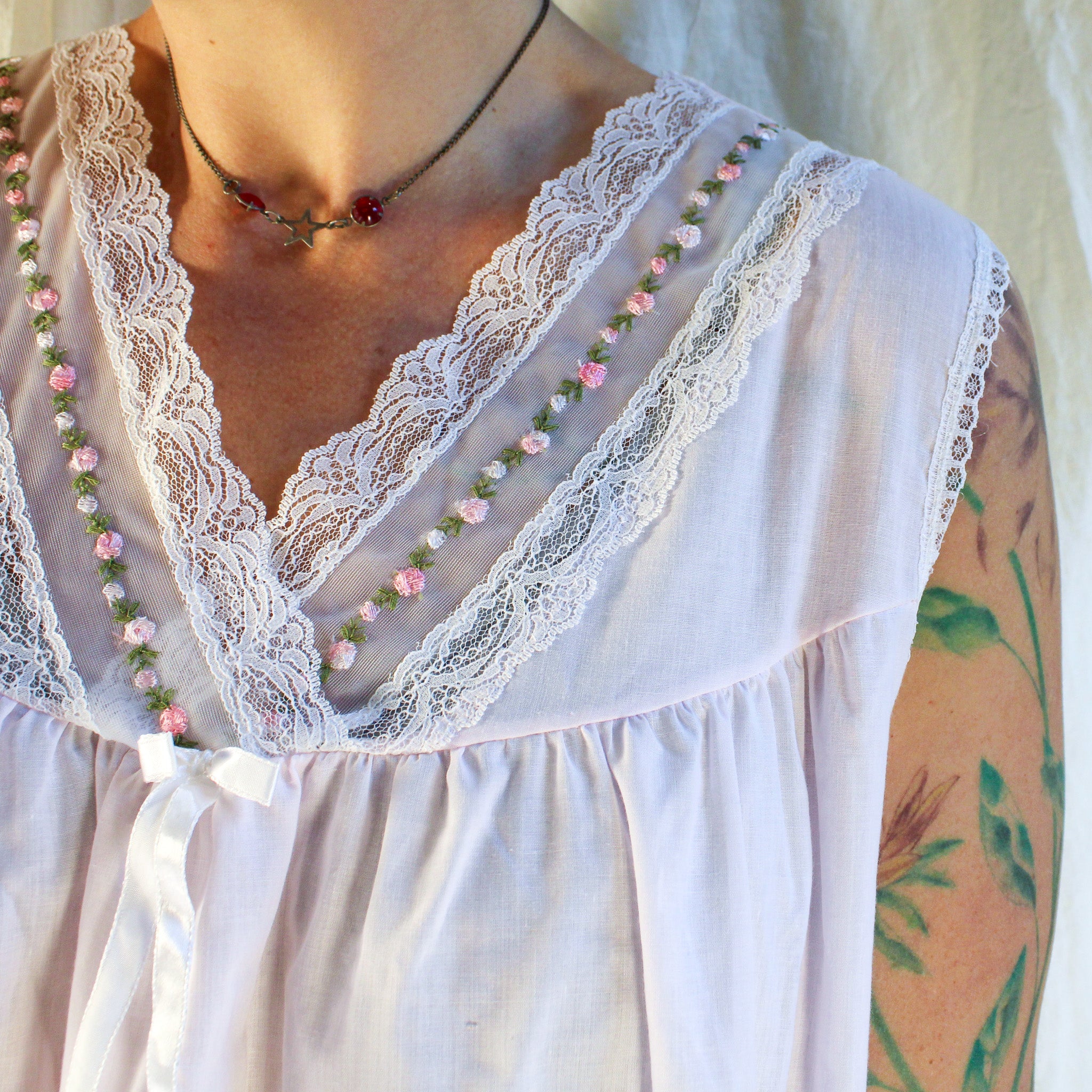 Pink rosebud-trim sleeveless nightgown