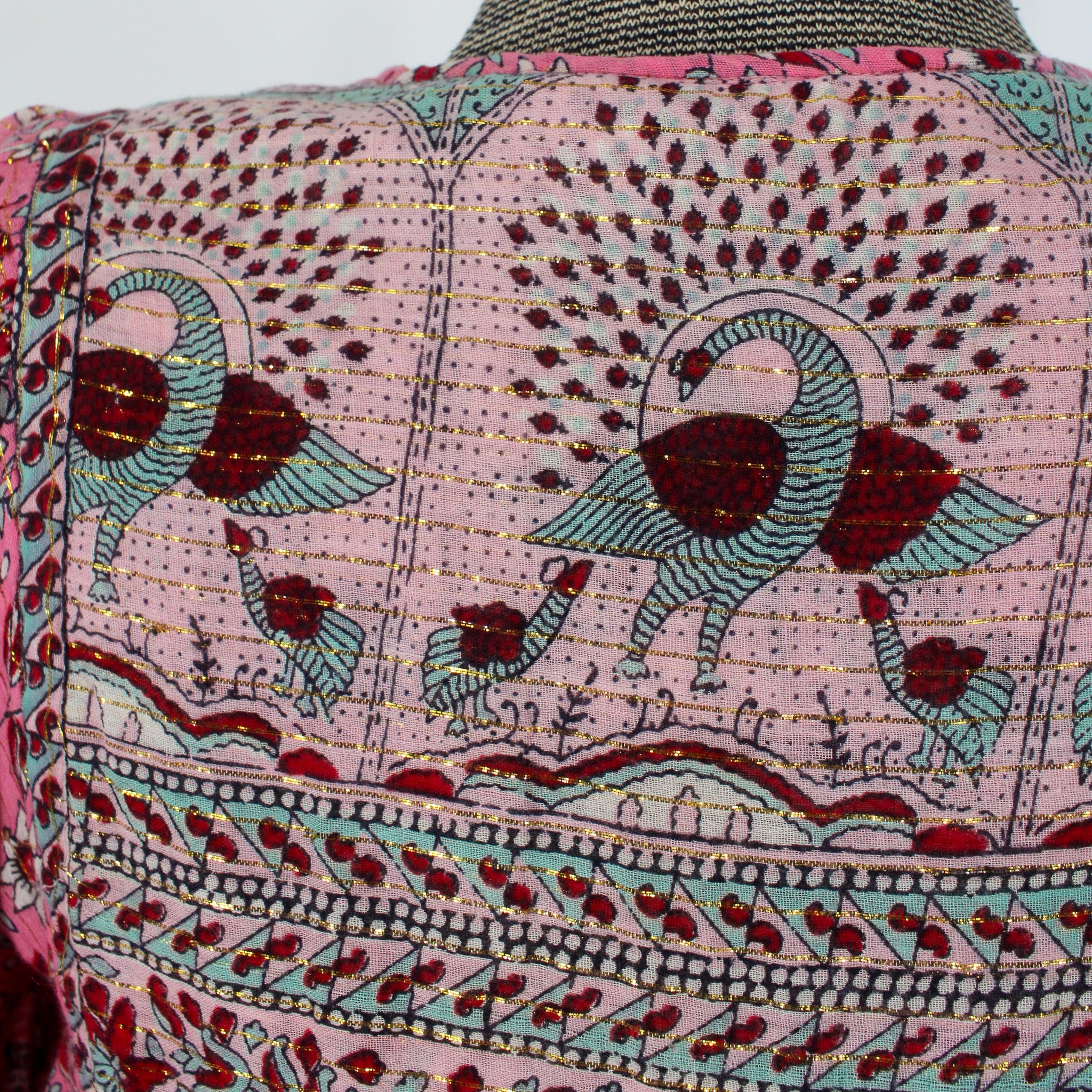 70s star of india, block print, cotton gauze peacock print dress