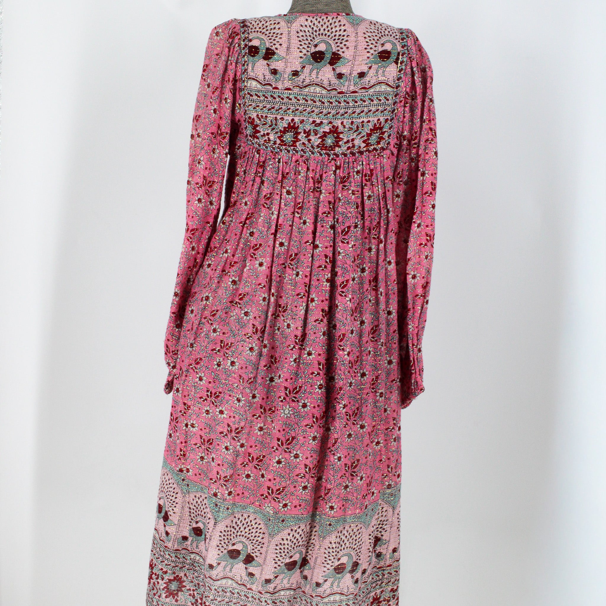 70s star of india, block print, cotton gauze peacock print dress