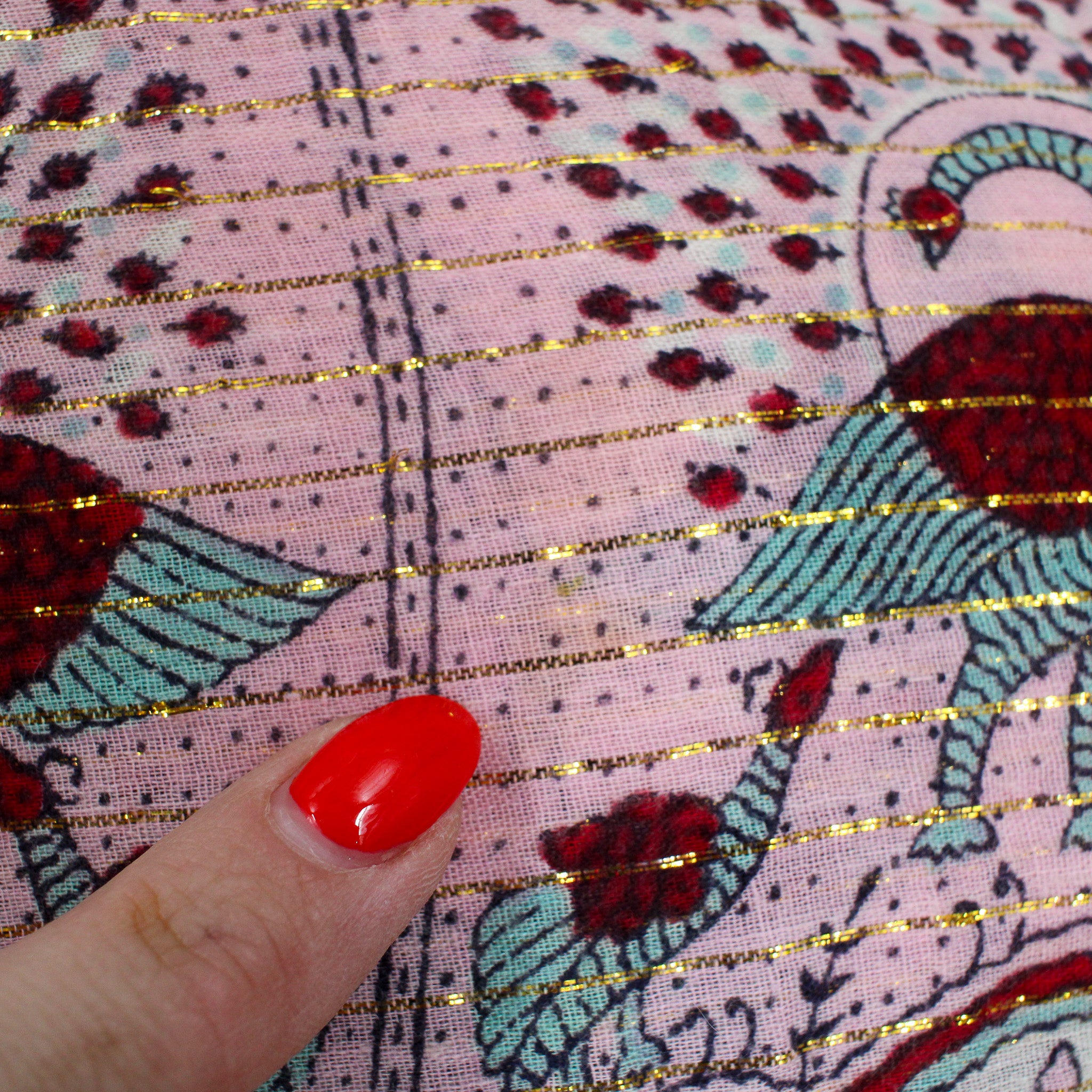 70s star of india, block print, cotton gauze peacock print dress