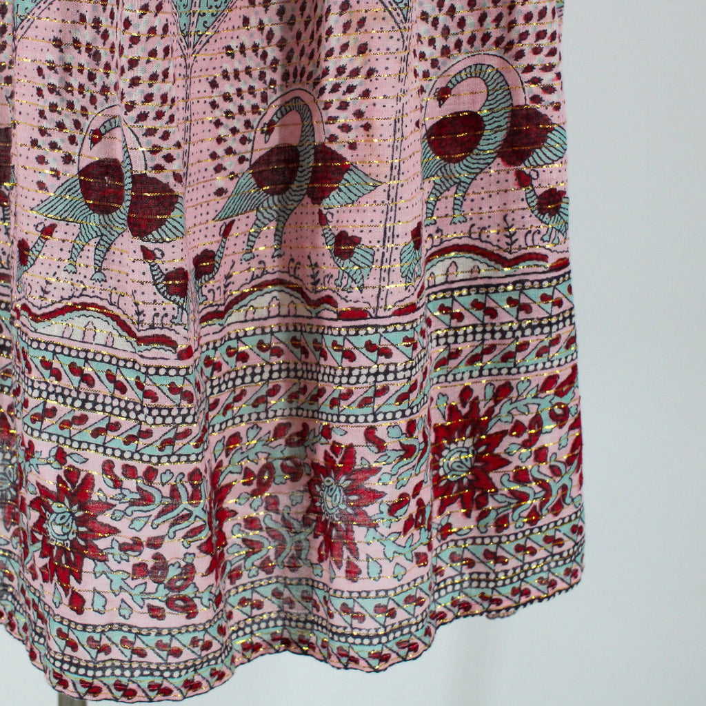 70s star of india, block print, cotton gauze peacock print dress