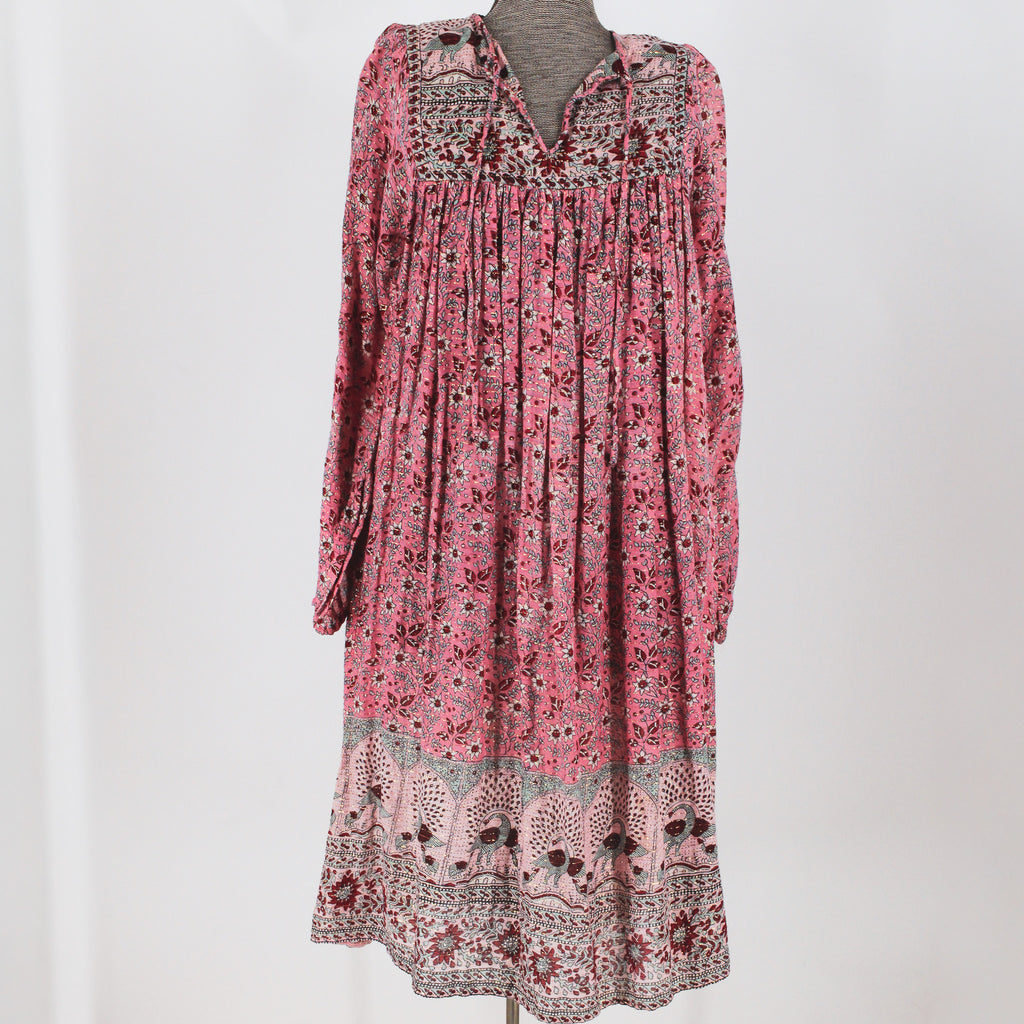 70s star of india, block print, cotton gauze peacock print dress