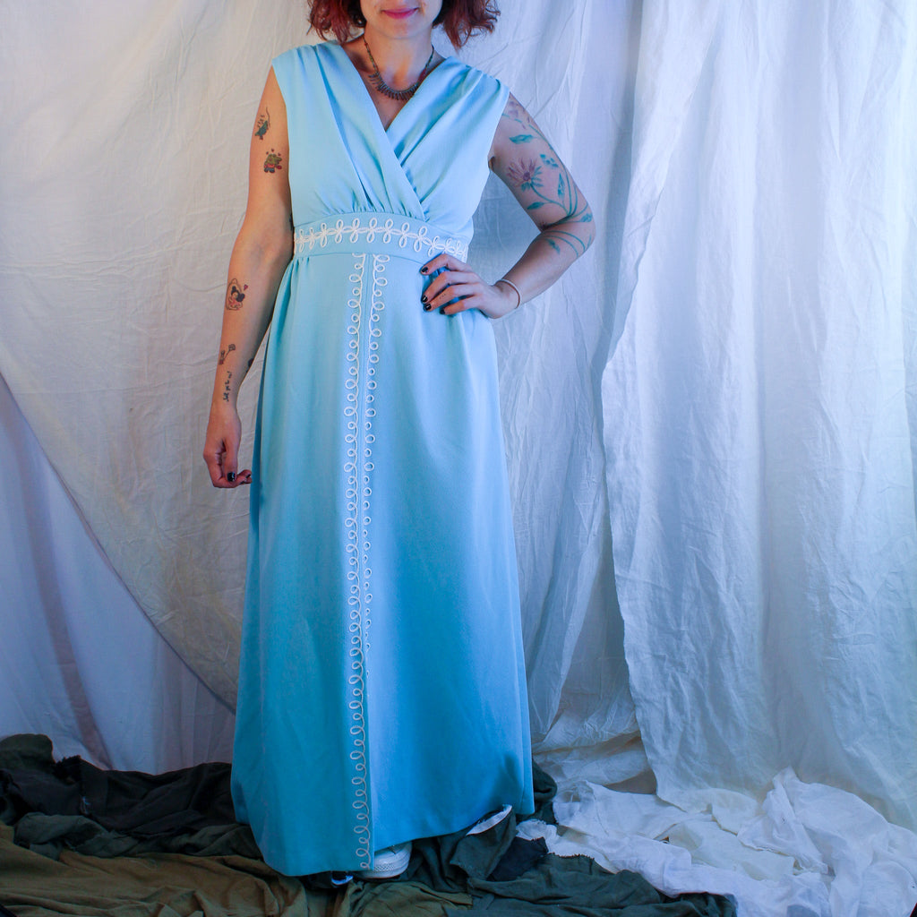 70s powder blue maxi dress with white trim - image 5