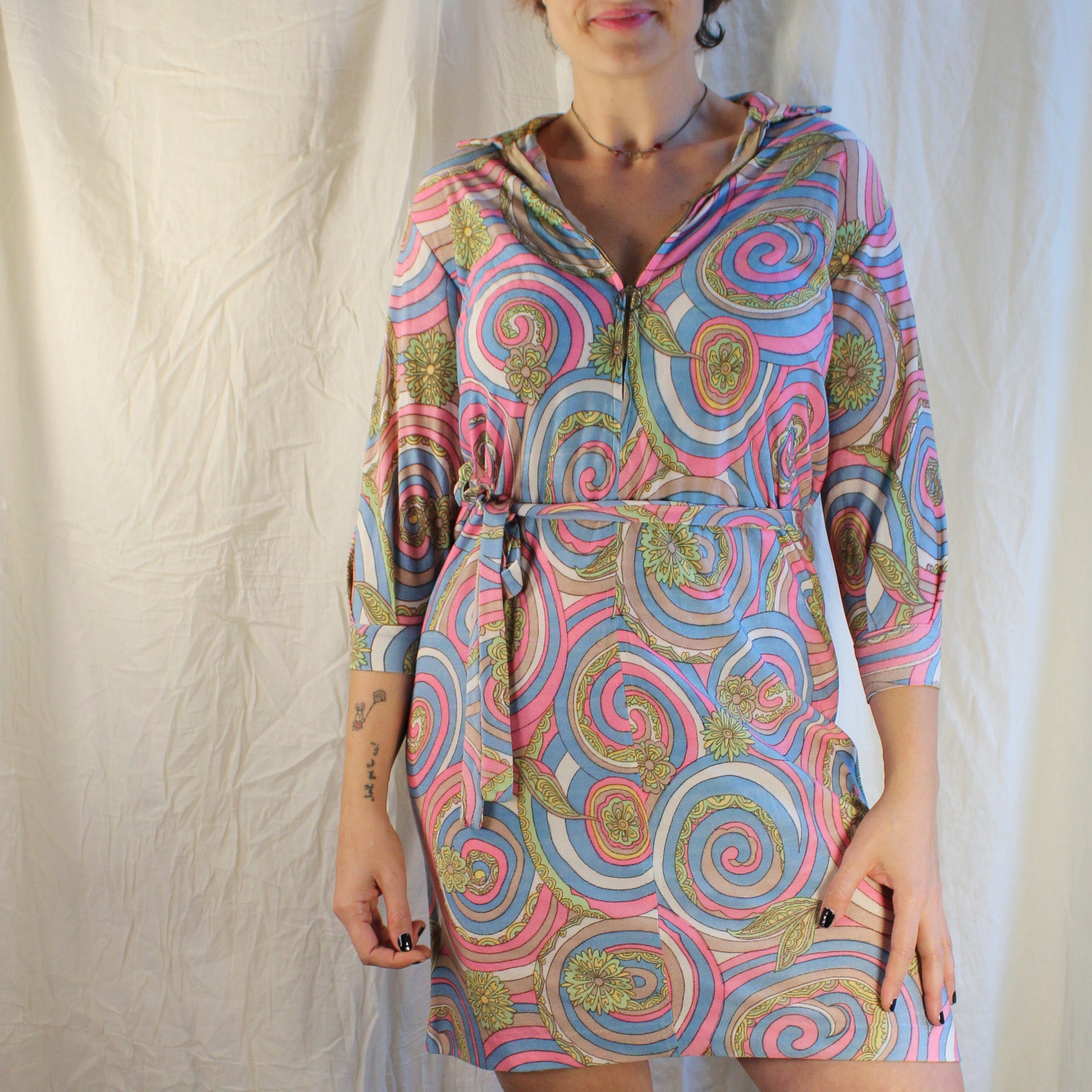 60s psychedelic zip-front knit mini dress