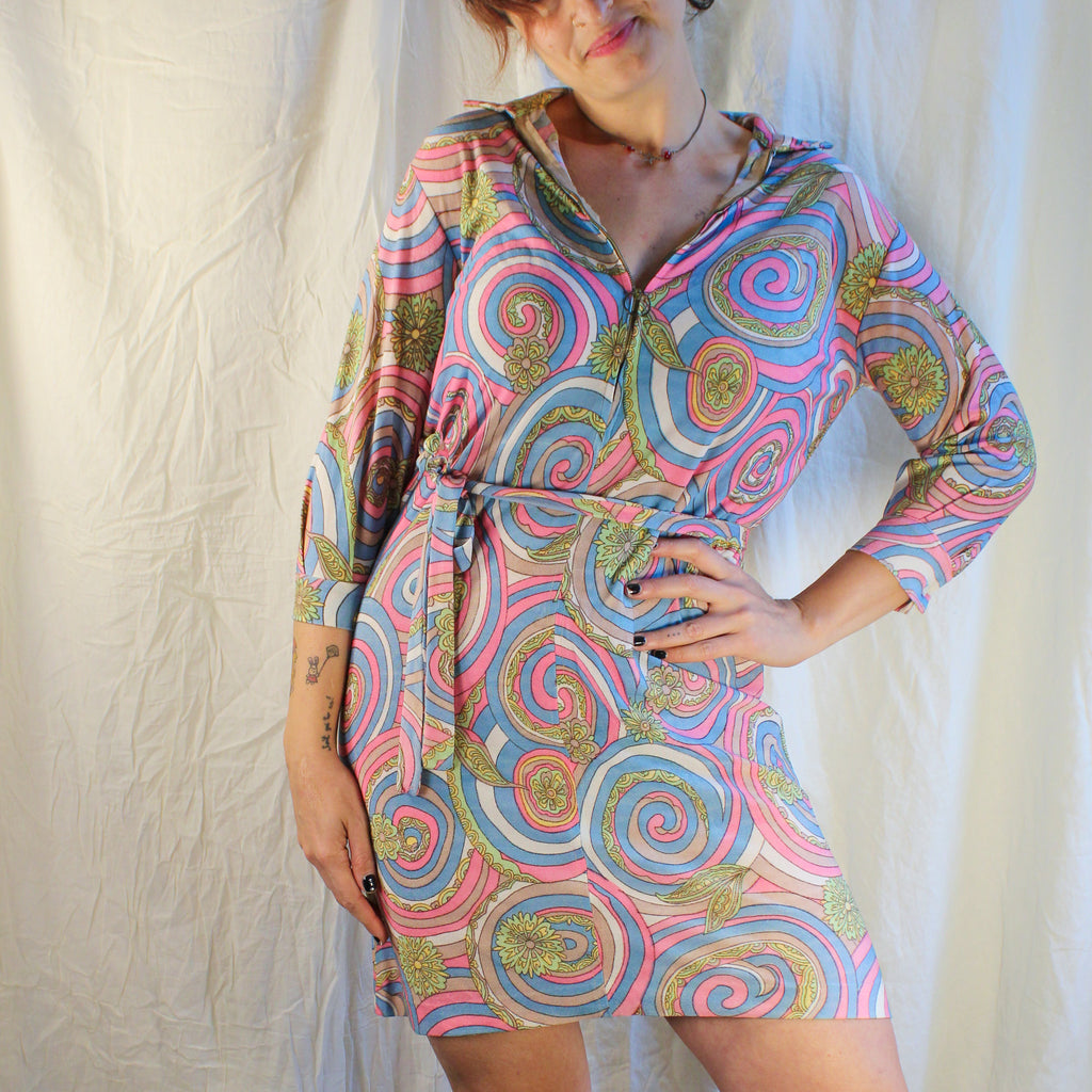 60s psychedelic zip-front knit mini dress
