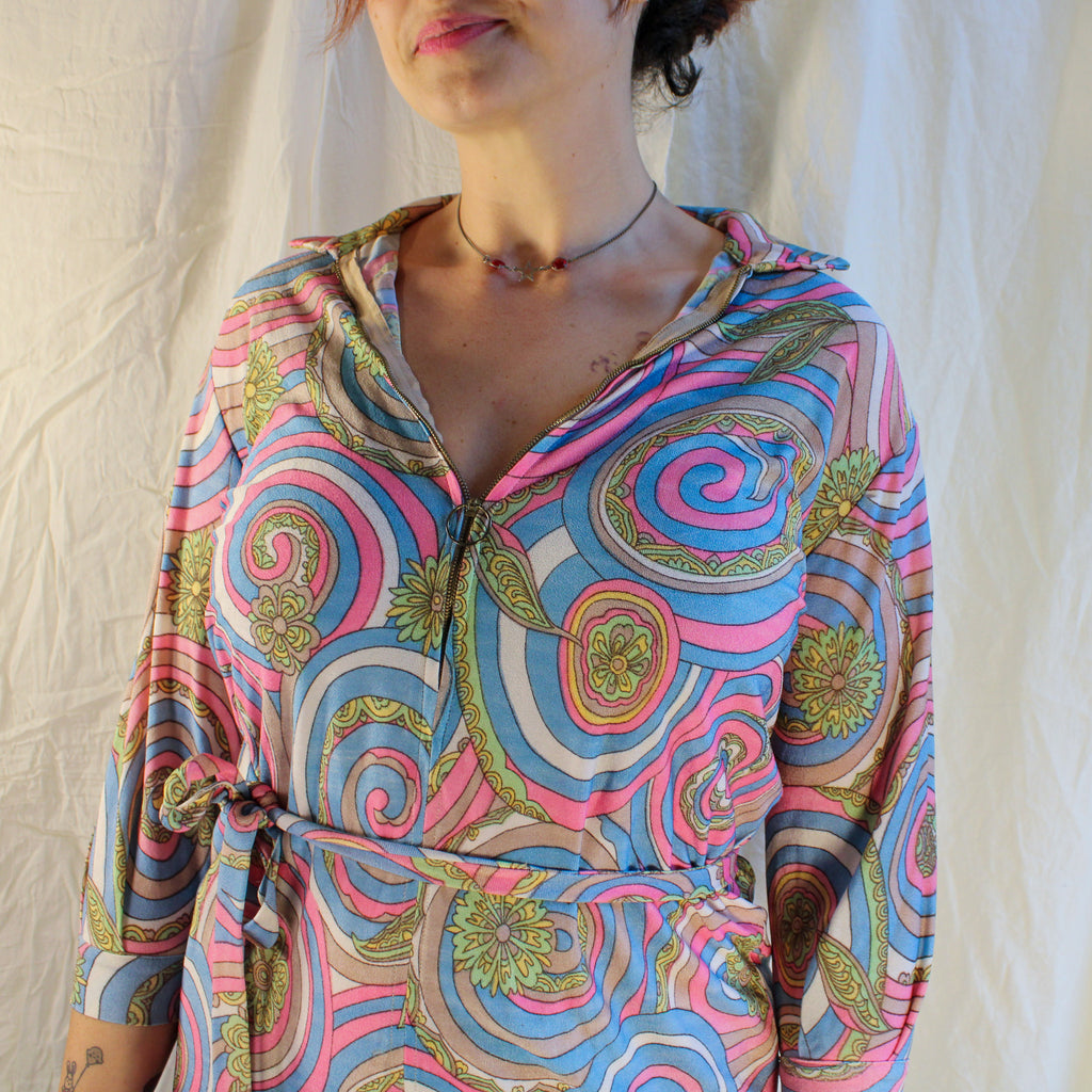 60s psychedelic zip-front knit mini dress