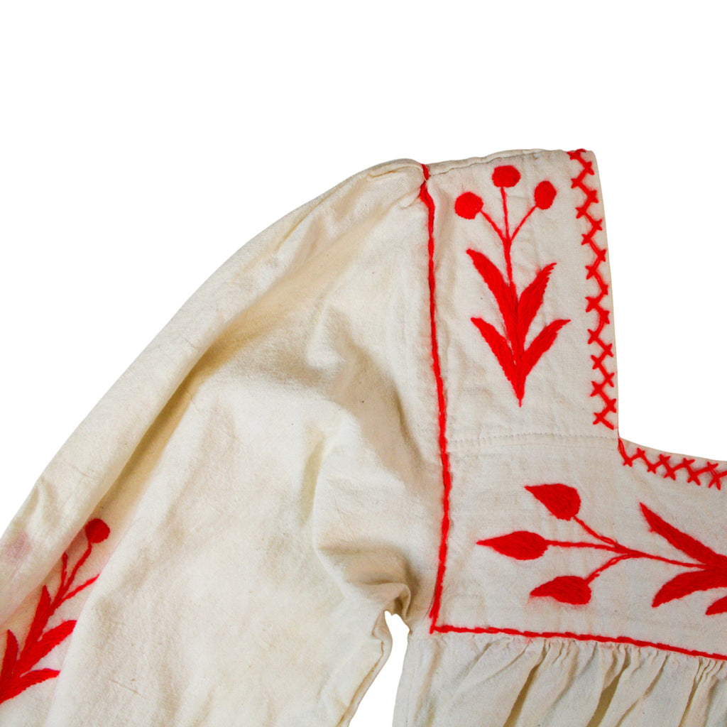 70s RARE bright red hand-embroidered mexican puebla dress