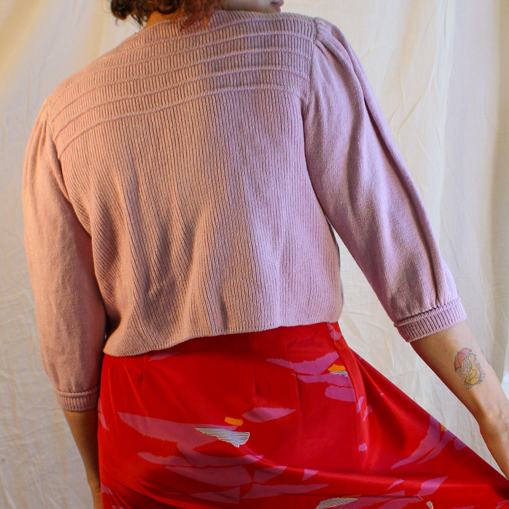 Front on model, lavender St. John cardigan