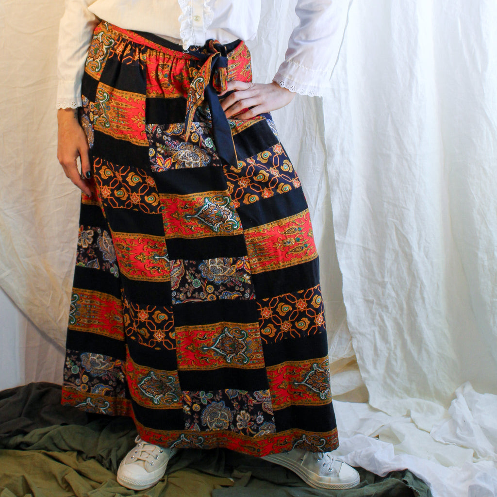 70s patchwork paisley quilted maxi skirt