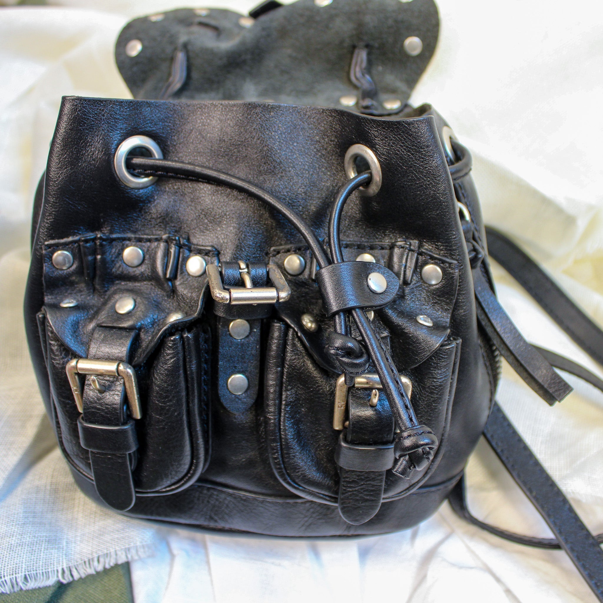 early 2000s ralph lauren black leather mini backpack