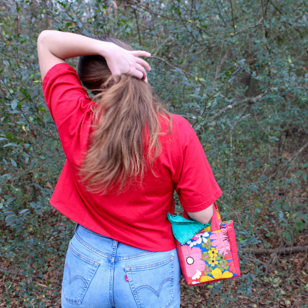 60s floral textile appliqué cropped tee - one-of-a-kind rework