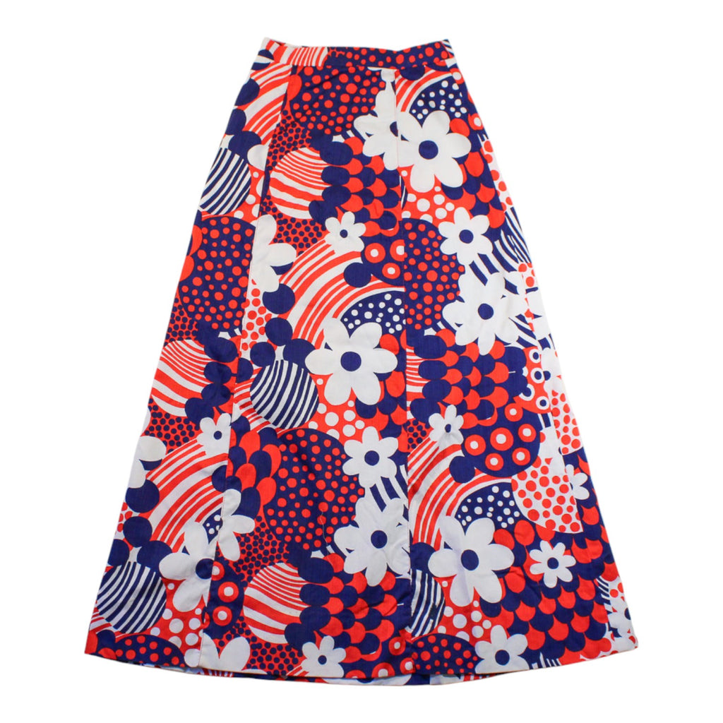 1970s mod floral maxi skirt - psychedelic red white navy