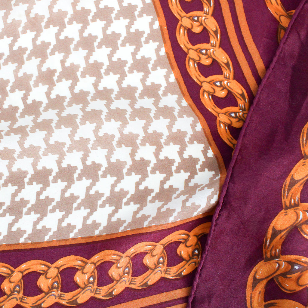 80s adolfo silk scarf - chain border & houndstooth print