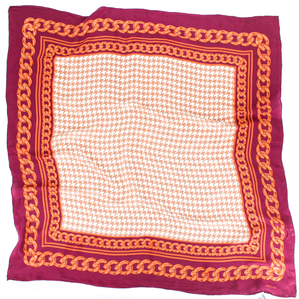 80s adolfo silk scarf - chain border & houndstooth print