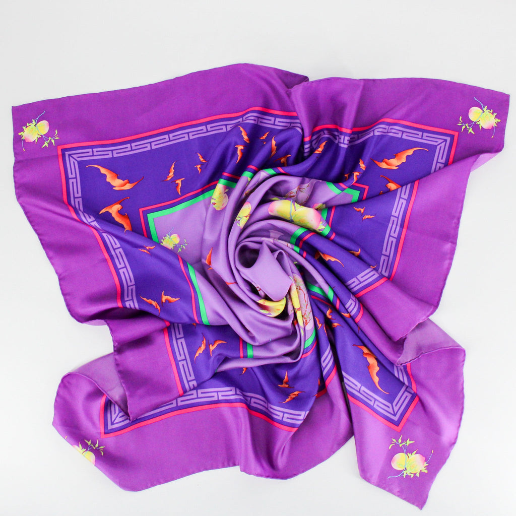 purple silk scarf with lucky bats and peaches, draped