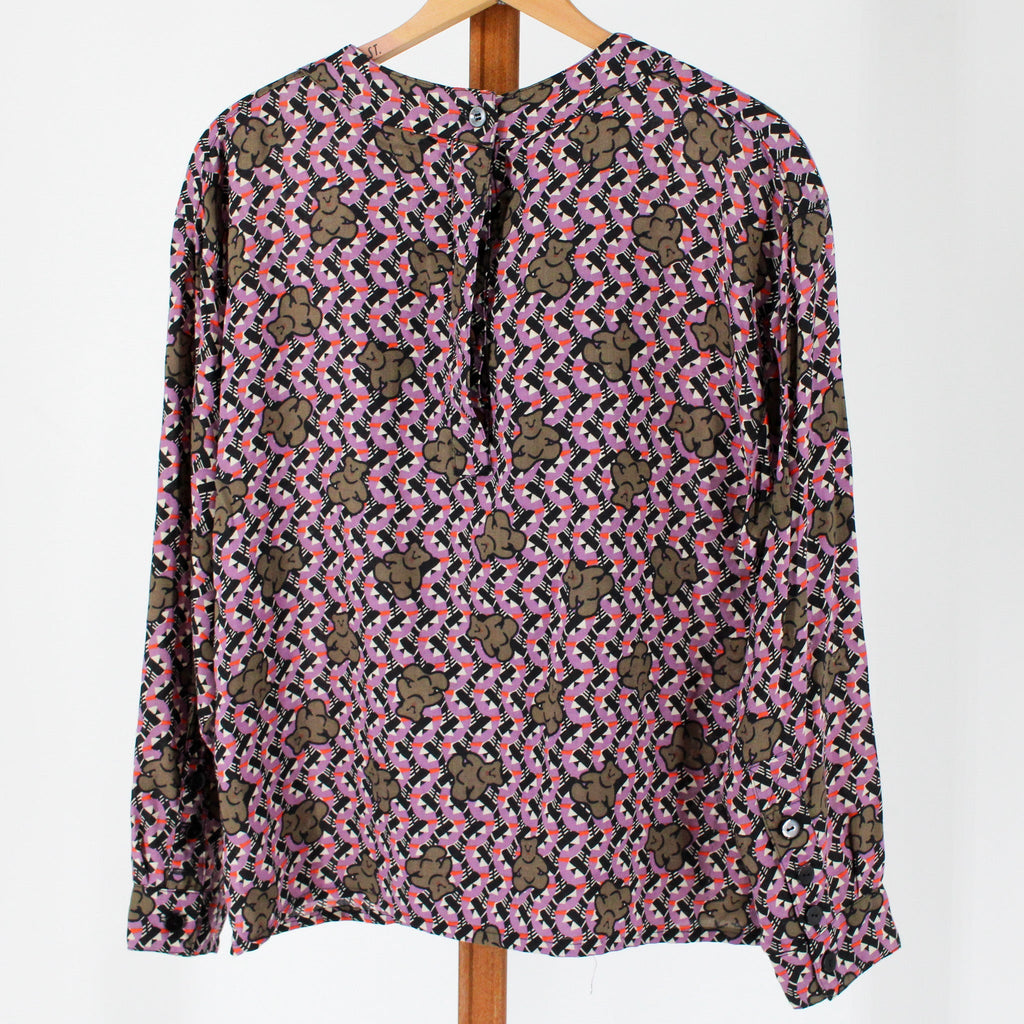 teddy bear print blouse - back with button closure