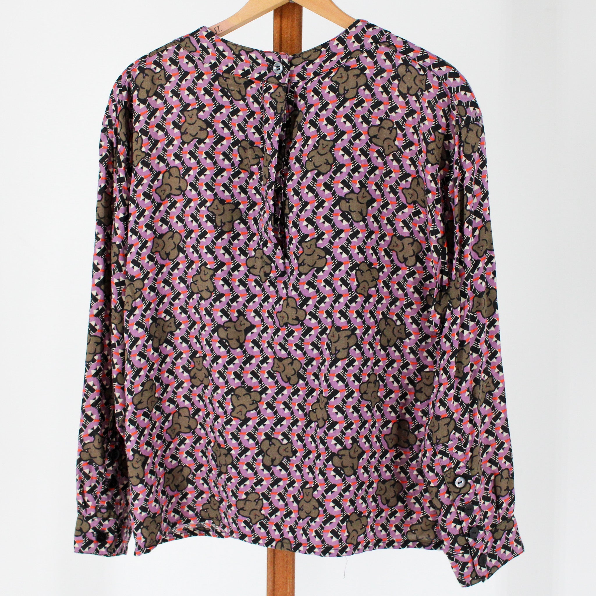 teddy bear print blouse - back with button closure