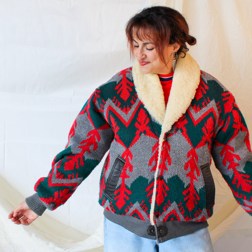 70s aztec woolrich-inspired sheepskin shearling bomber jacket sweater