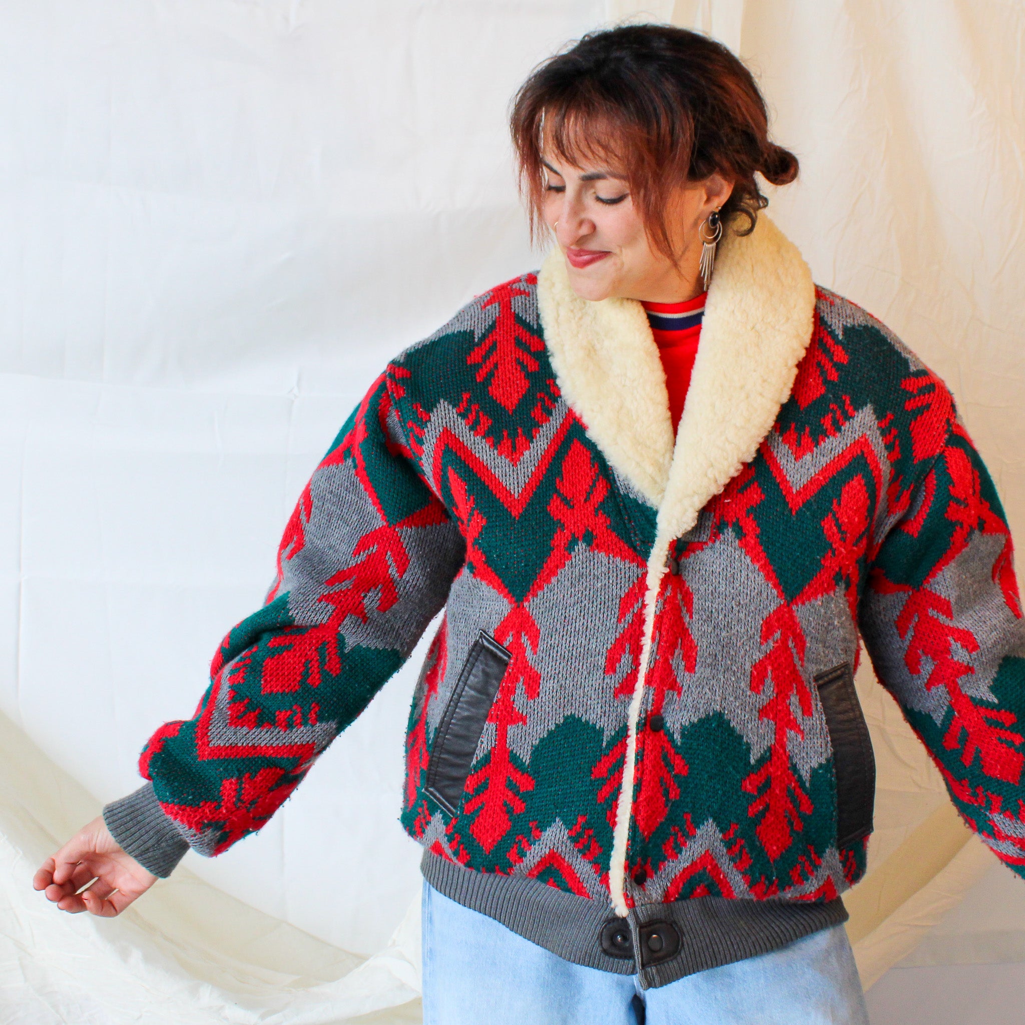70s aztec woolrich-inspired sheepskin shearling bomber jacket sweater