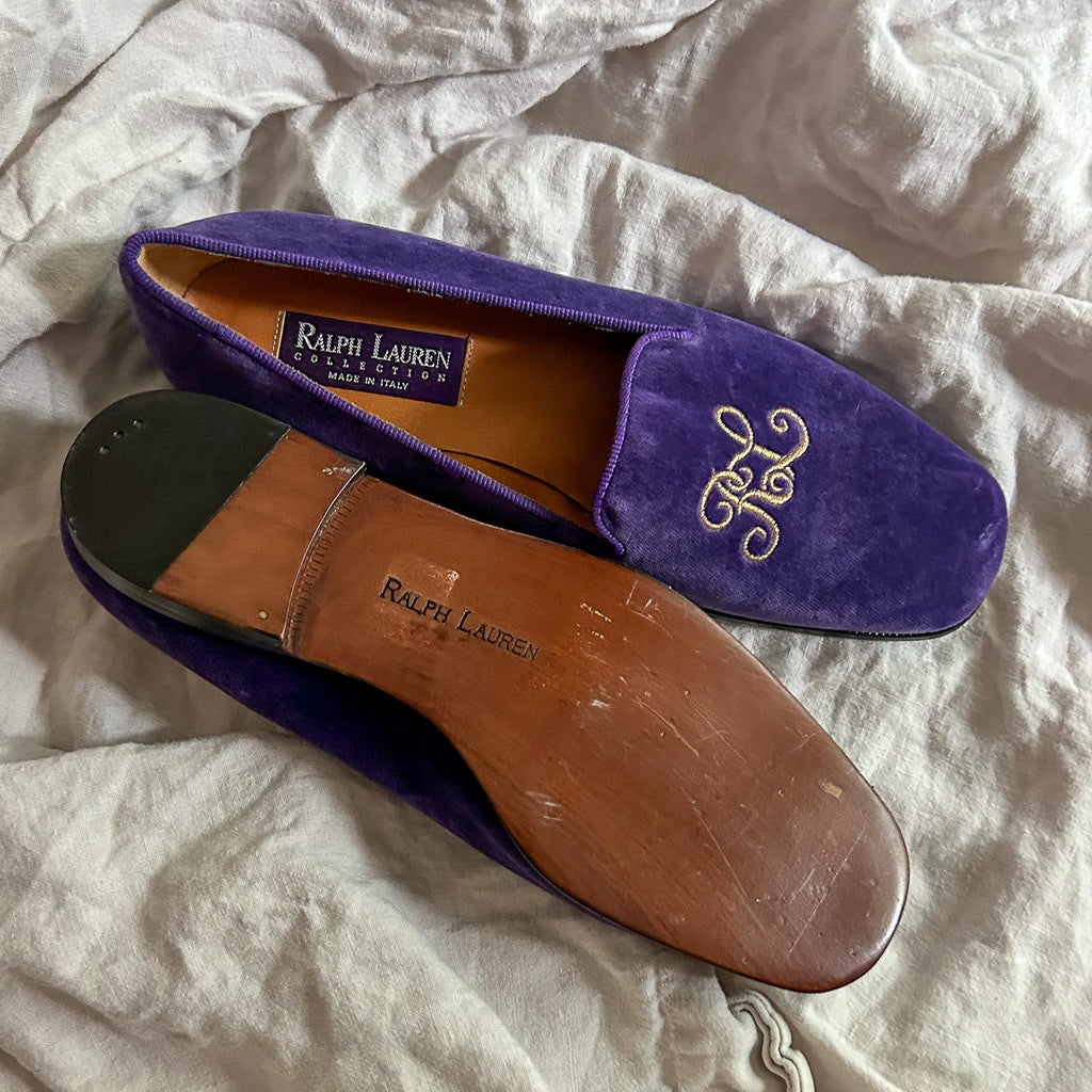 ralph lauren collection purple velvet smoking slippers - RL monogram, size 7B
