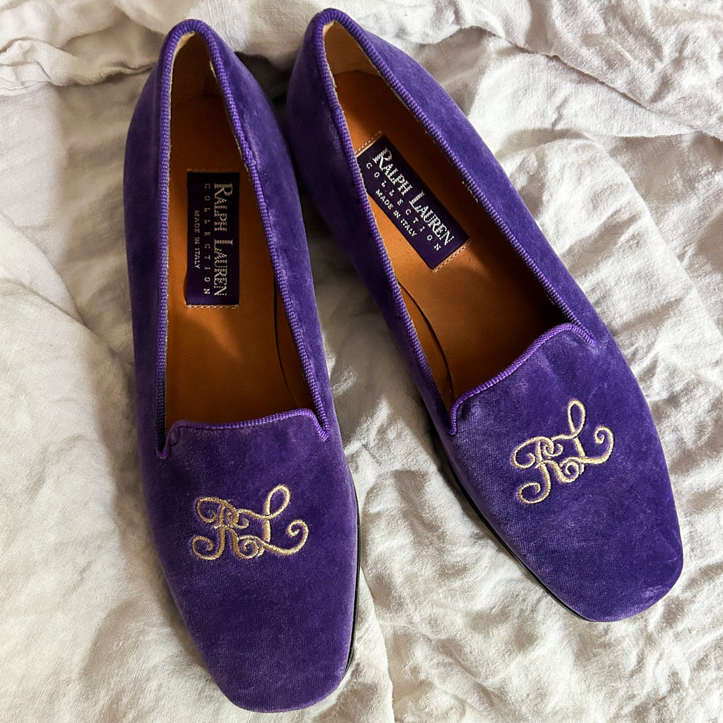 ralph lauren collection purple velvet smoking slippers - RL monogram, size 7B