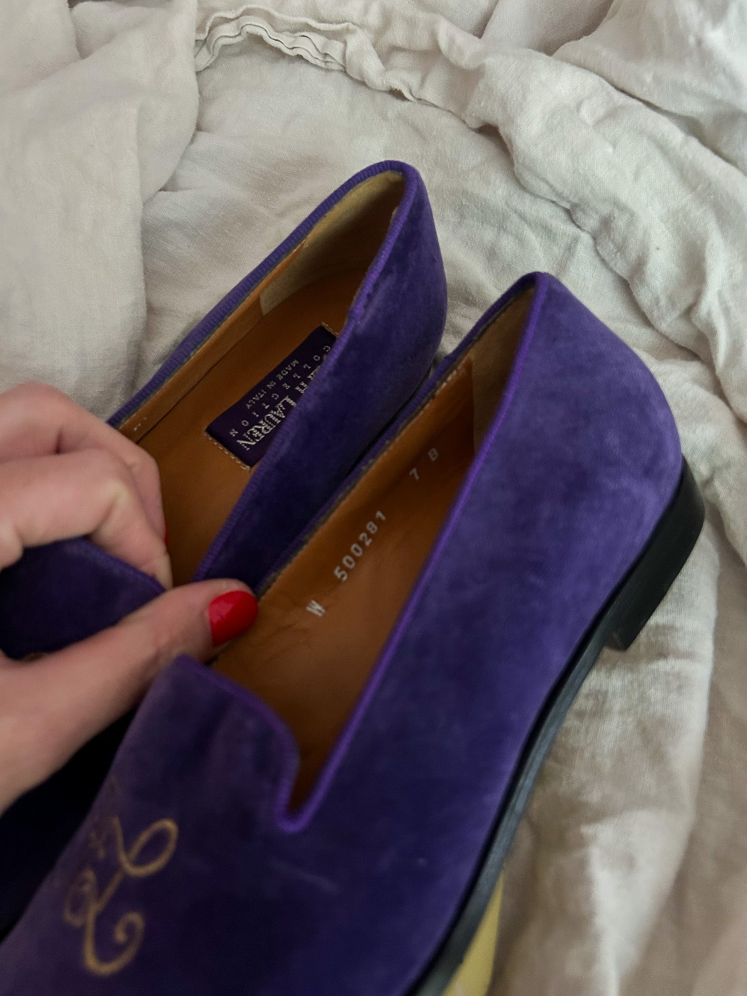 ralph lauren collection purple velvet smoking slippers - RL monogram, size 7B