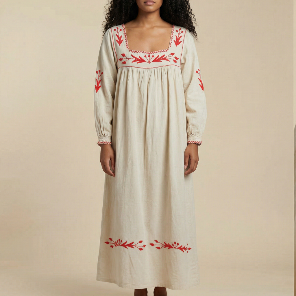 70s RARE bright red hand-embroidered mexican puebla dress