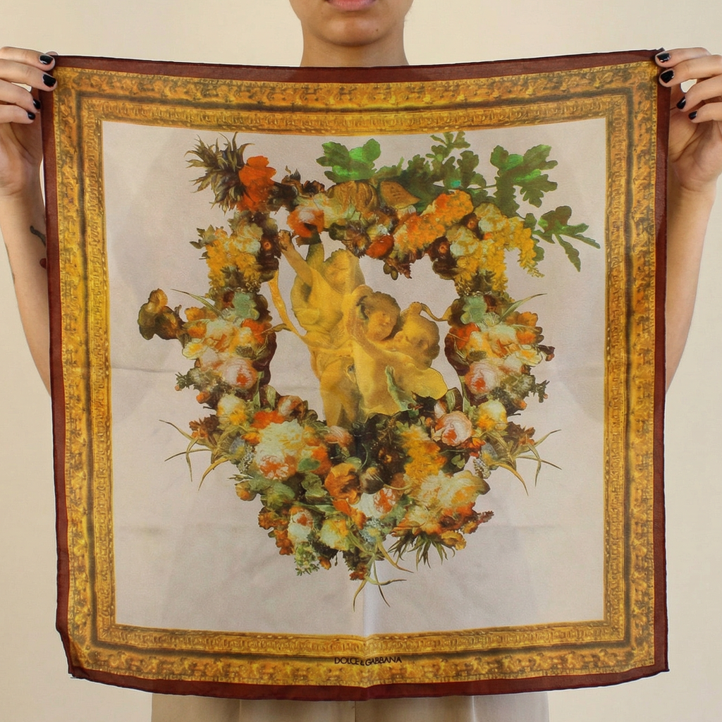 90s dolce & gabbana silk cherub baroque foulard scarf,  made in italy