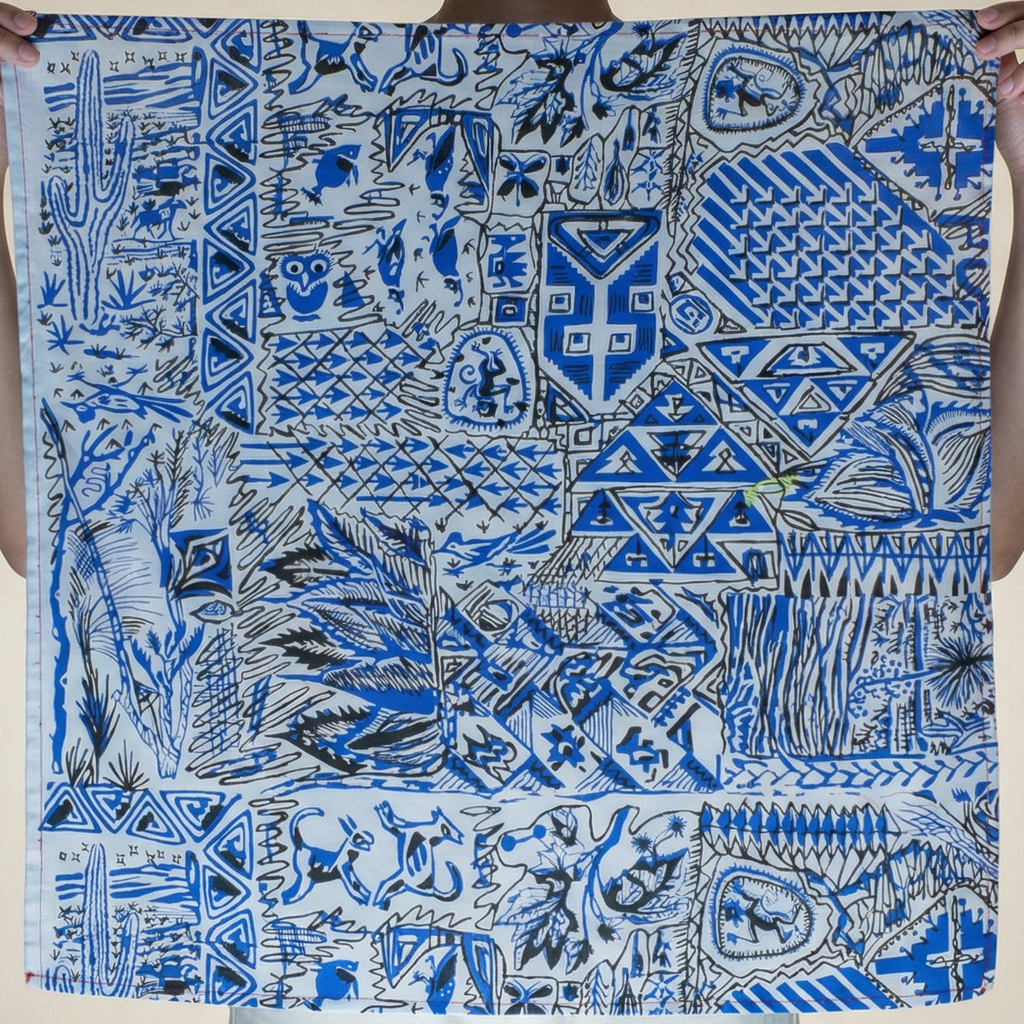 50s scarf or bandana usa-made designer textile harwood steiger desert story blue bandana