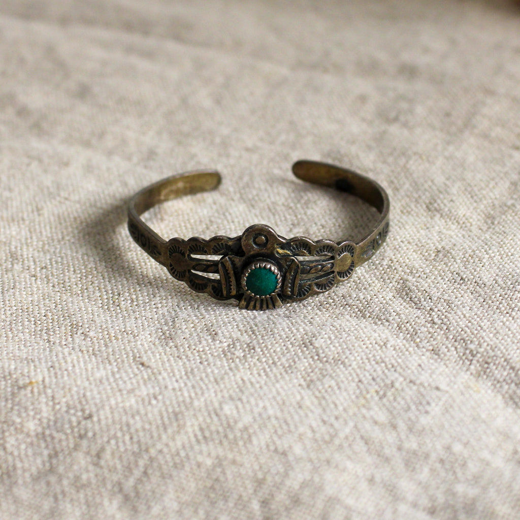 50s sterling baby cuff w/ thunderbird & turquoise glass cabochon