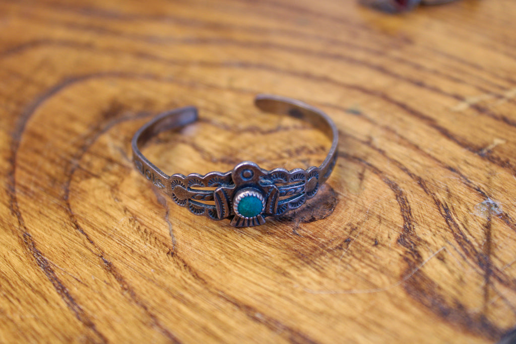 50s sterling baby cuff w/ thunderbird & turquoise glass cabochon