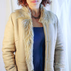 90s vintage lambskin patchwork shearling coat with fur trim - a modern penny lane