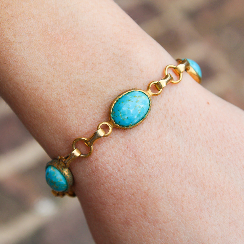 Faux turquoise cabochon bracelet on wrist