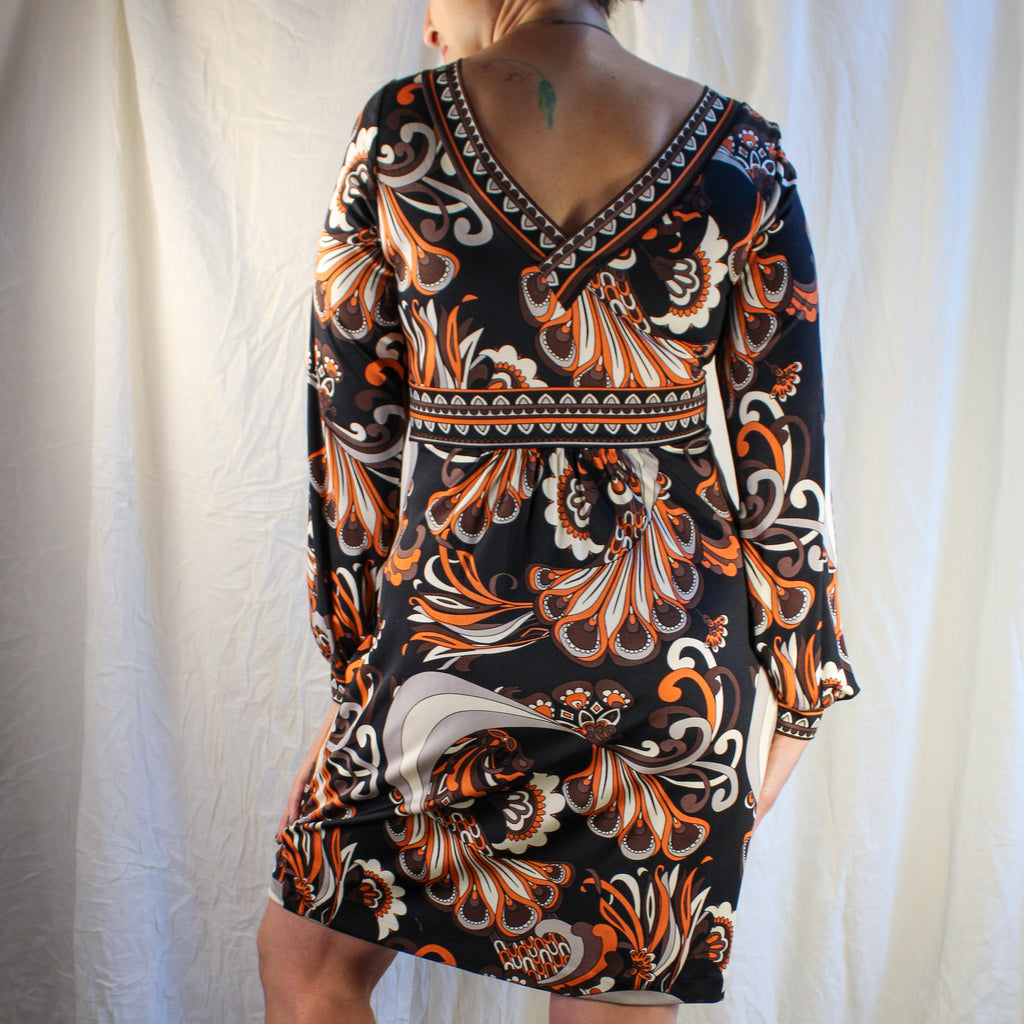 y2k tibi 100% silk stretch psychedelic mini dress