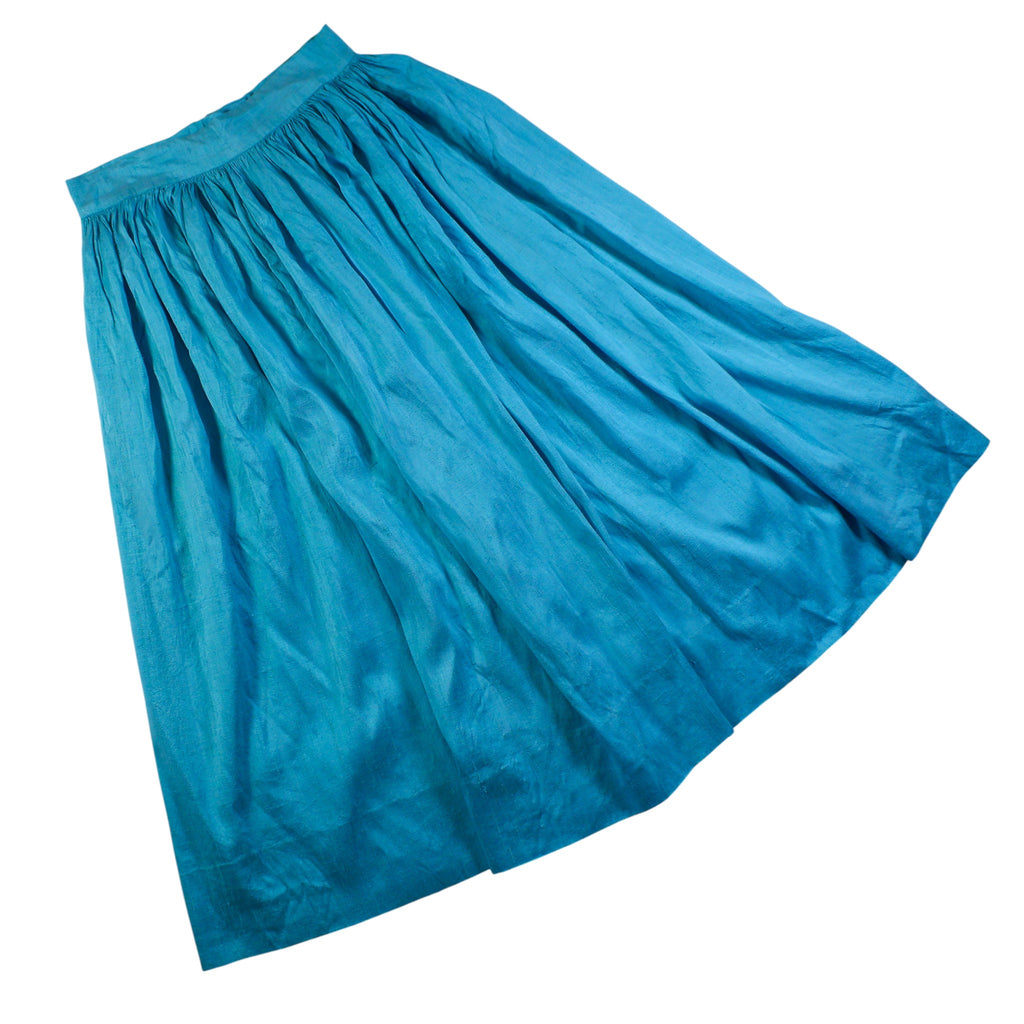 90s raw silk turquoise handmade midi skirt