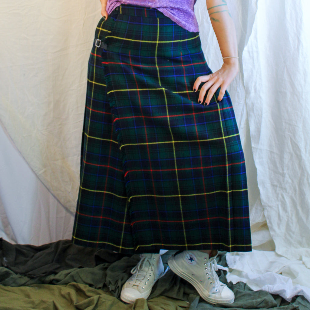 70s wool tartan wrap maxi skirt with buckle straps - image 1