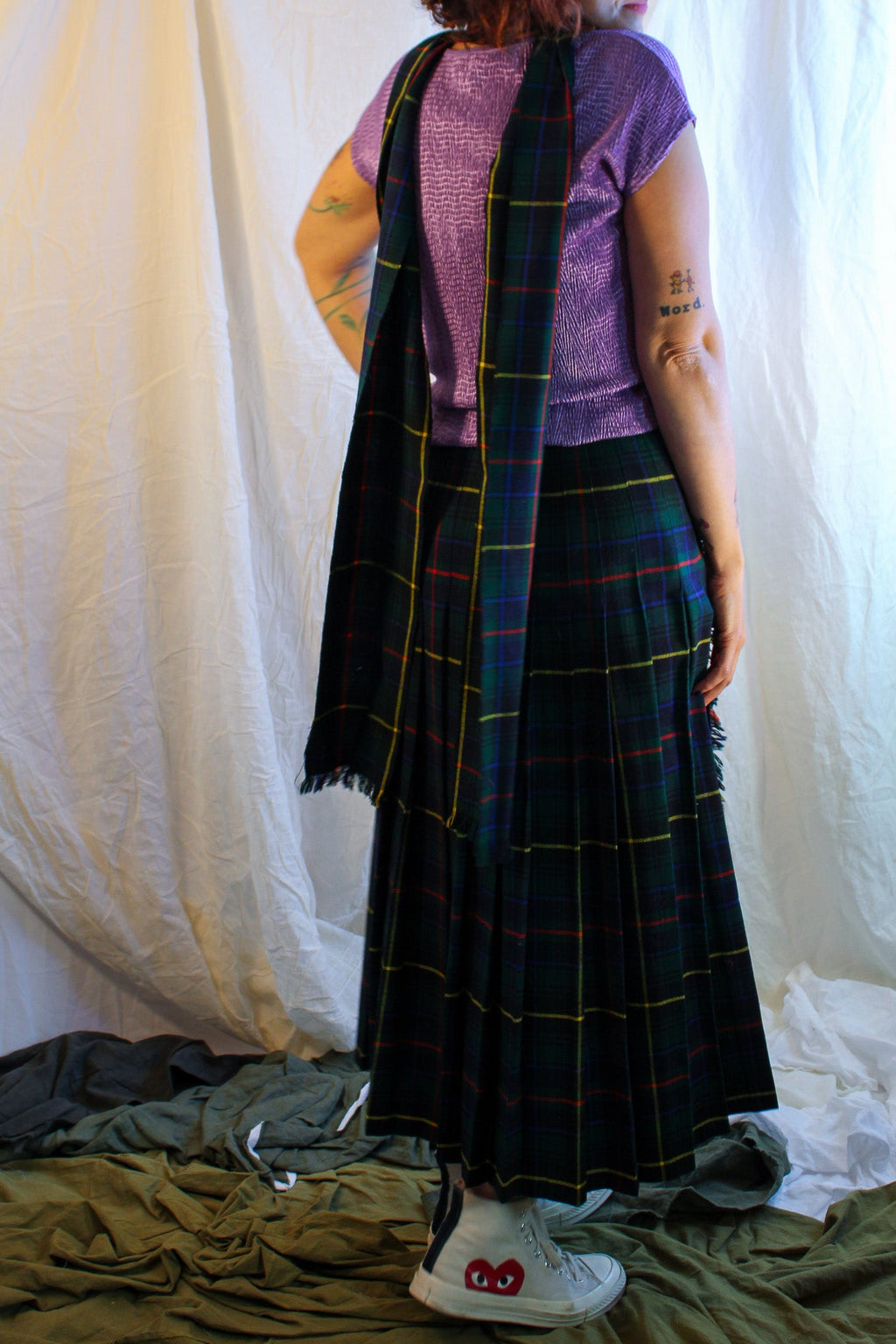 70s wool tartan wrap maxi skirt with buckle straps