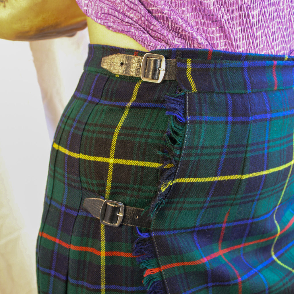 70s wool tartan wrap maxi skirt with buckle straps